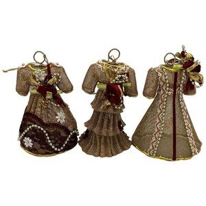 3 Victorian Style Metal Mesh Gold Tone Dress Christmas Ornaments Rosettes Lace